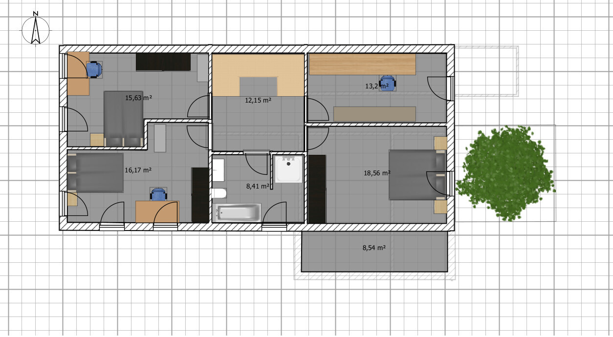 Grundriss eines Hauses: mehrere Zimmer, Bad, Küche, Arbeitszimmer, Schlafzimmer, Terrasse und Garten.