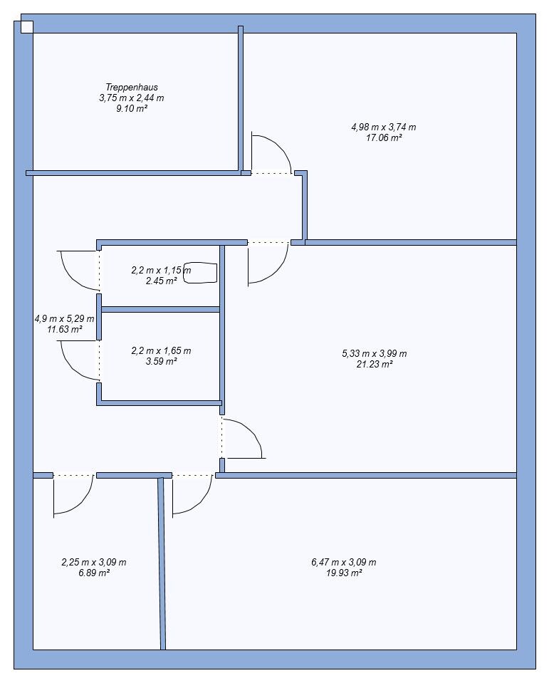 Grundriss eines Hauses mit mehreren Rechteck-Räumen, Türen und Maßen in Metern.