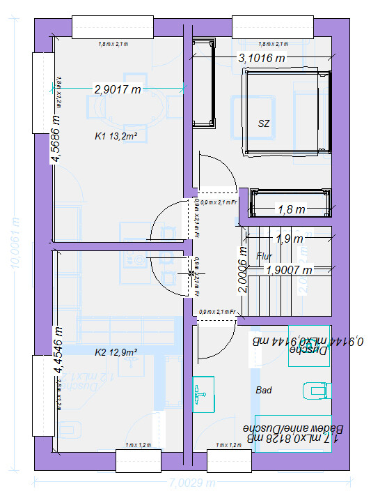 Grundriss einer Wohnung mit zwei Zimmern (K1, K2), Schlafzimmer (SZ), Bad, Flur, Küche.