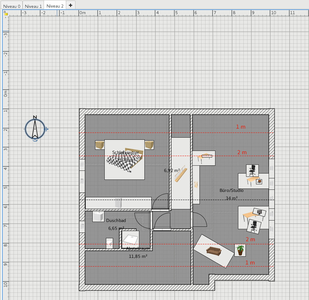Grundriss einer Wohnung mit Schlafzimmer, Büro/Studio, Duschbad, Abstellraum und Nordpfeil.