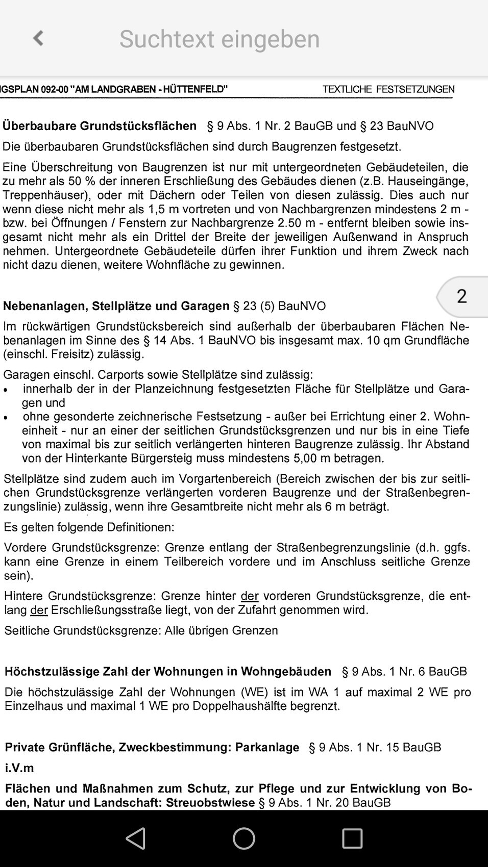 Bildschirmfoto einer Rechtsnorm: Text zu überbaubaren Grundstücksflächen und Stellplätzen im BauGB.