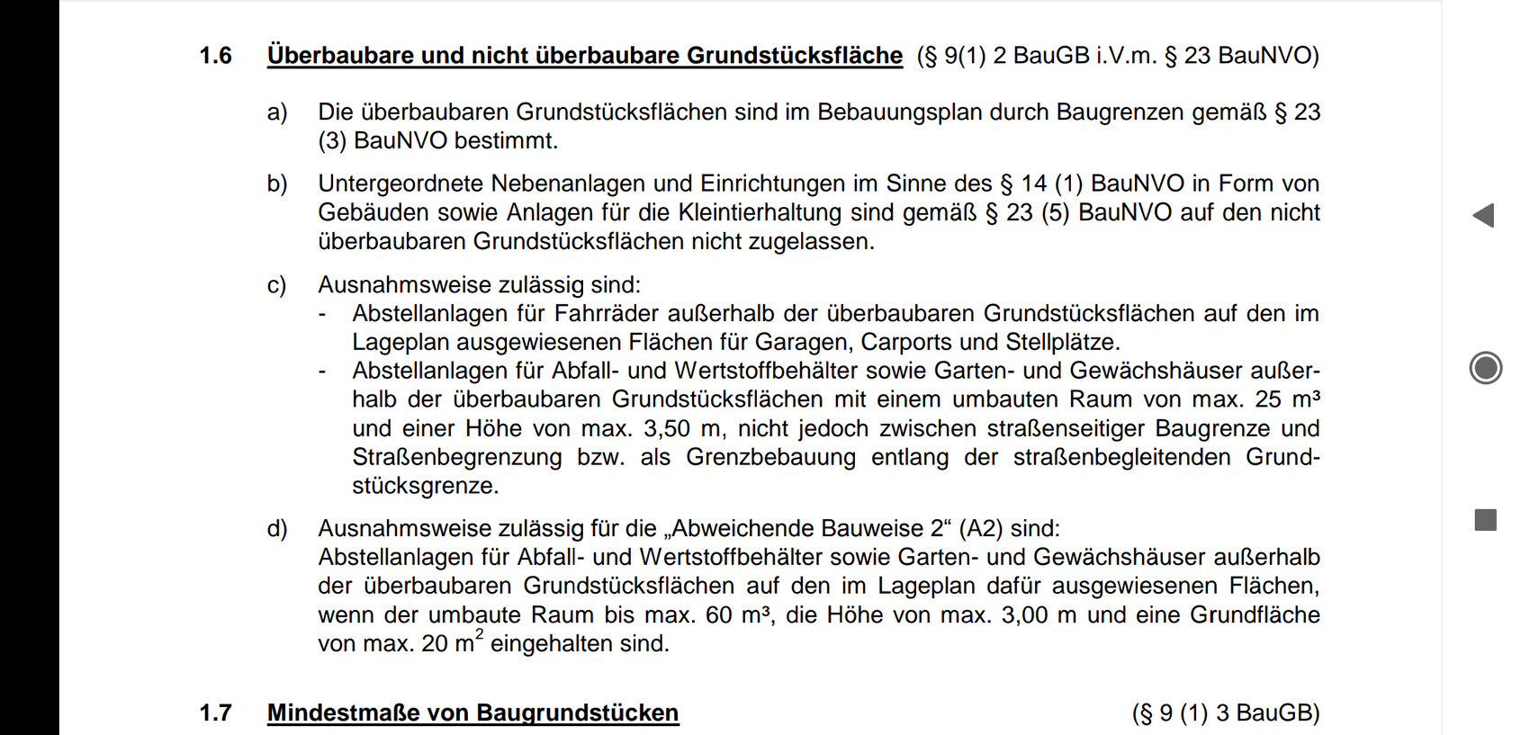 Seite mit BauGB-Text: Überbaubare und nicht überbaubare Grundstücksfläche, Absätze a–d.