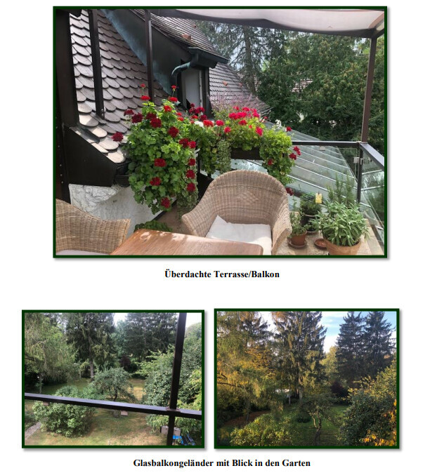 Überdachte Terrasse mit zwei Korbsesseln, roten Blumen und Glasgeländer; Gartenblick.