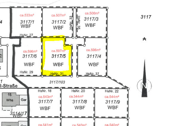 Lageplan: Gelb markierte Parzelle 3117/5 WBF ca. 597 m², umliegende Parzellen 3117/6 und 3117/4.