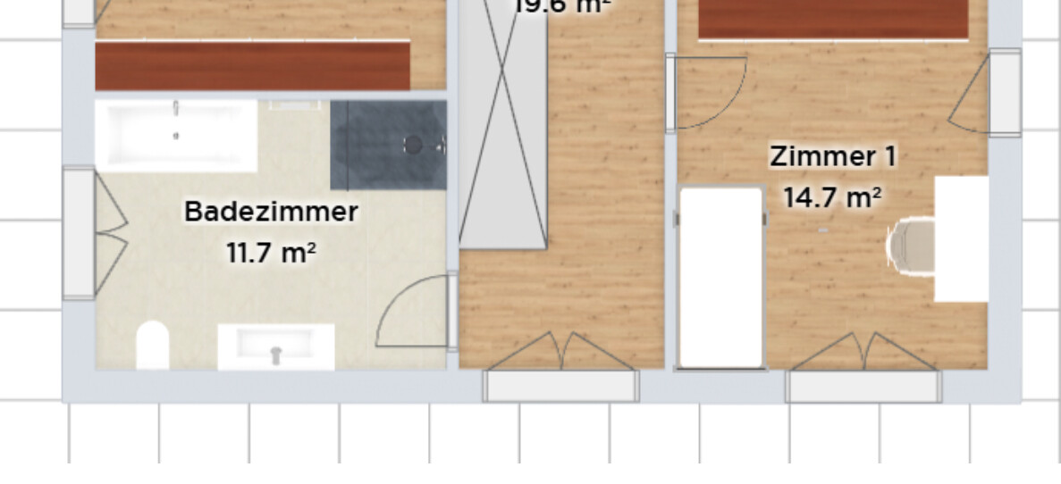 Grundriss eines Apartments: Badezimmer links, Zimmer 1 rechts, Flur dazwischen.