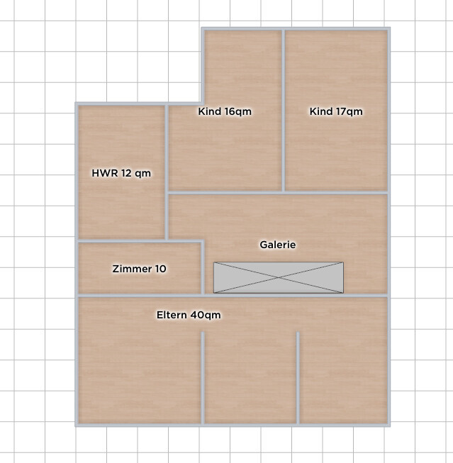 Grundriss eines Hauses: Eltern 40qm, HWR 12qm, Zimmer 10, Galerie, Kind 16qm, Kind 17qm.