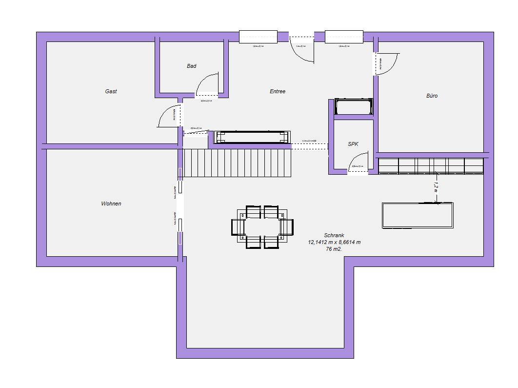 Grundriss eines Hauses mit Gast, Wohnen, Büro, Entree, Bad, SPK, Treppen und Schrank.