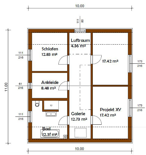 Grundriss eines Hauses mit Schlafzimmer, Ankleide, Bad, Galerie, Luftraum und Projekt XY, 17,42 m².