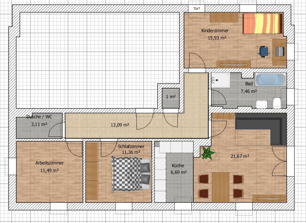 Grundriss eines Hauses: Küche, Bad, Dusche/WC, Flur, Wohnzimmer, Schlafzimmer, Kinderzimmer.