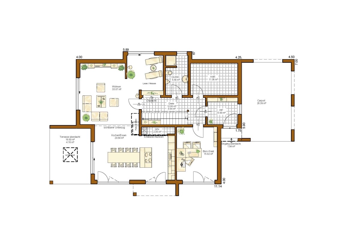 Grundriss eines Hauses mit Wohnzimmer, Küche, Büro, Terrasse und Carport.