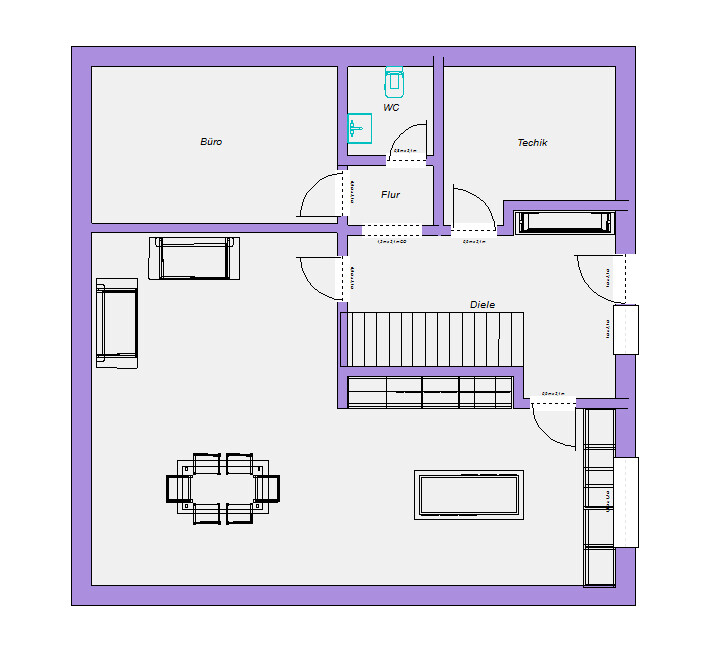 Grundriss eines Hauses: Büro, Technik, Flur, Diele, WC, Wohn- und Essbereich