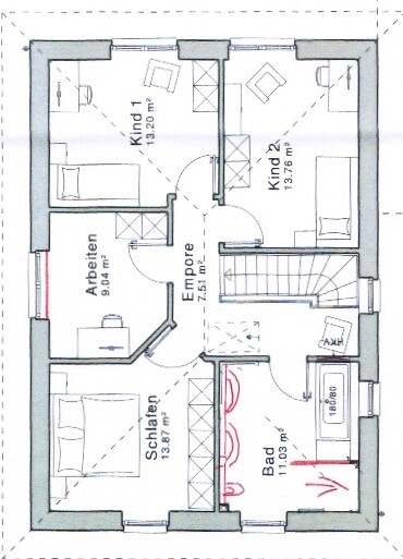 Grundriss Obergeschoss: Schlafzimmer, Arbeitszimmer, 2 Kinderzimmer, Bad, Empore.
