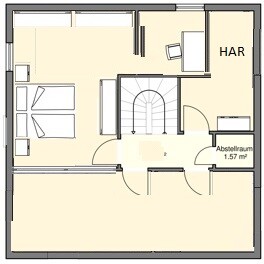 Zweidimensionaler Grundriss eines Stockwerks mit Treppe, Abstellraum und Raumaufteilung