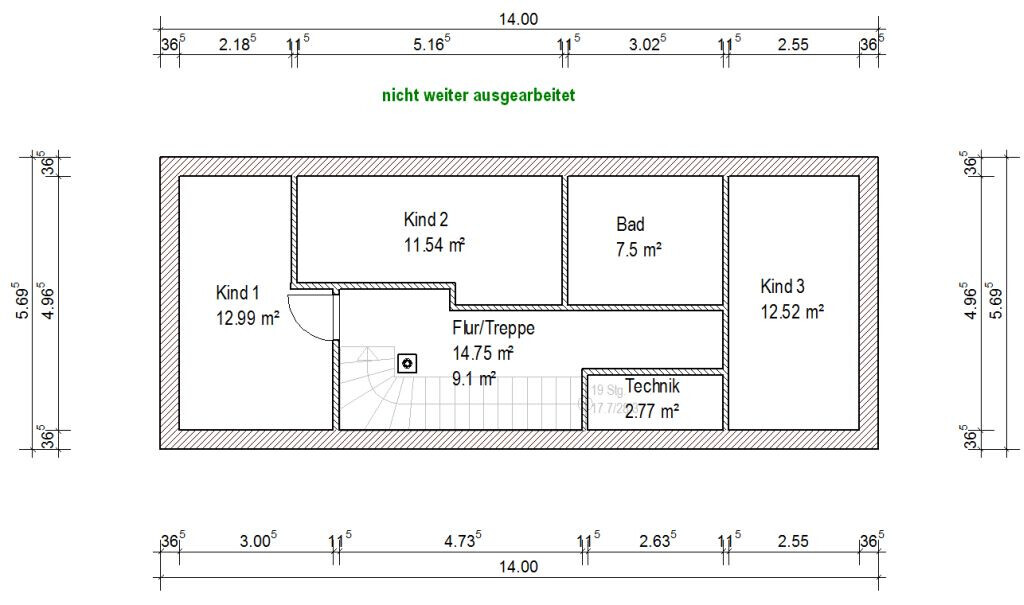 Grundriss eines rechteckigen Hauses mit 3 Kinderzimmern, Bad, Technik und Flur/Treppe.