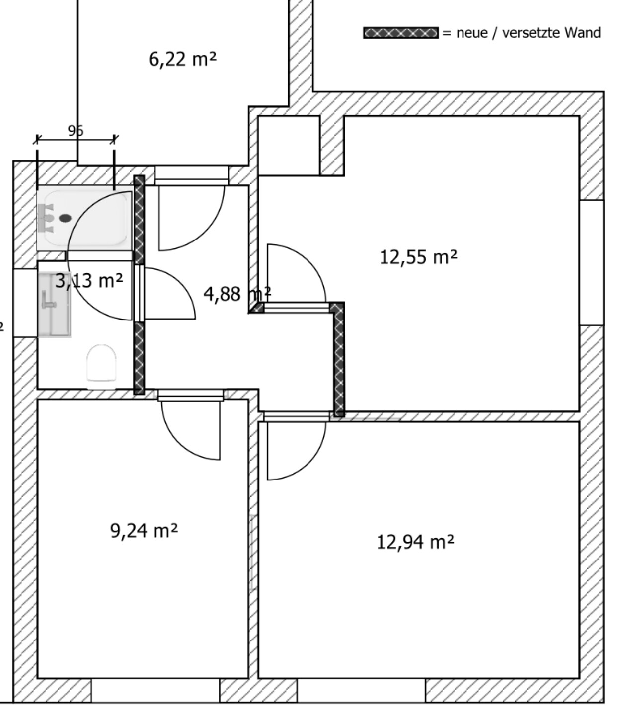 Grundriss eines Apartments mit Räumen: 6,22; 12,55; 9,24; 12,94 m²; Bad 3,13; Flur 4,88 m².