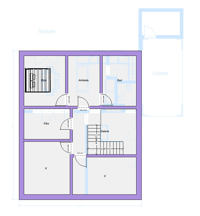 Grundriss eines Hauses: Büro, Ankleide, Bad, Galerie, zwei Räume (K), Terrasse, Carport.