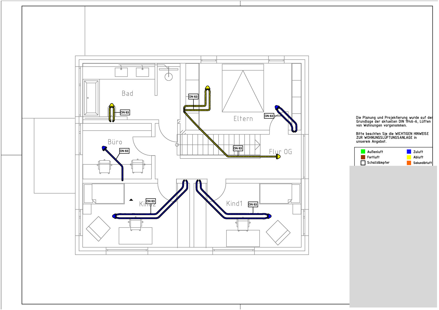 Grundriss eines Hauses mit farbigen Lüftungskanälen (Blau Zuluft, Gelb Abluft) und Raumangaben.