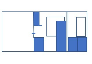 2D farbige Grundriss-Skizze mit blauen Innenwänden und Raumaufteilung