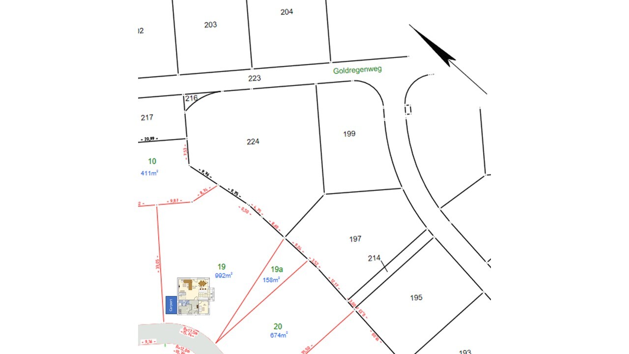Lageplan von Parzellen an Goldregenweg mit Flächenangaben (Nummern 199, 224).