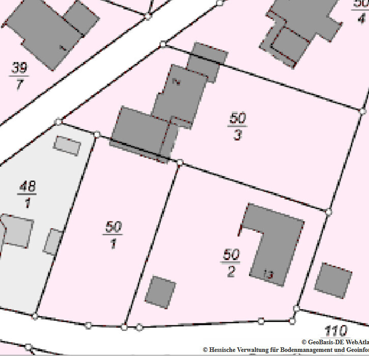 Flurkarte mit pinken Parzellen, grauen Gebäuden; Parzellen 50/1, 50/2, 50/3 und Straßenverlauf.