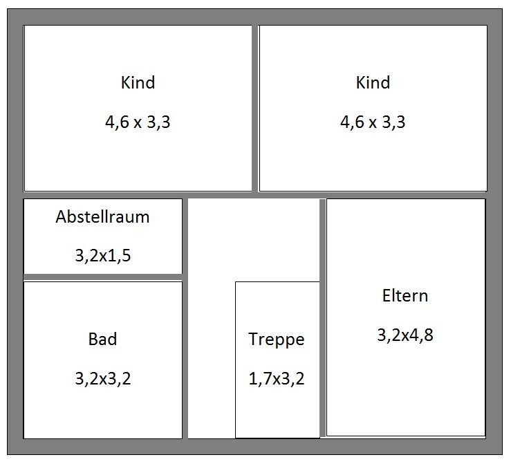 Grundriss: Oben zwei Kind-Zimmer, unten rechts Eltern, links Bad und Abstellraum, Mitte Treppe.