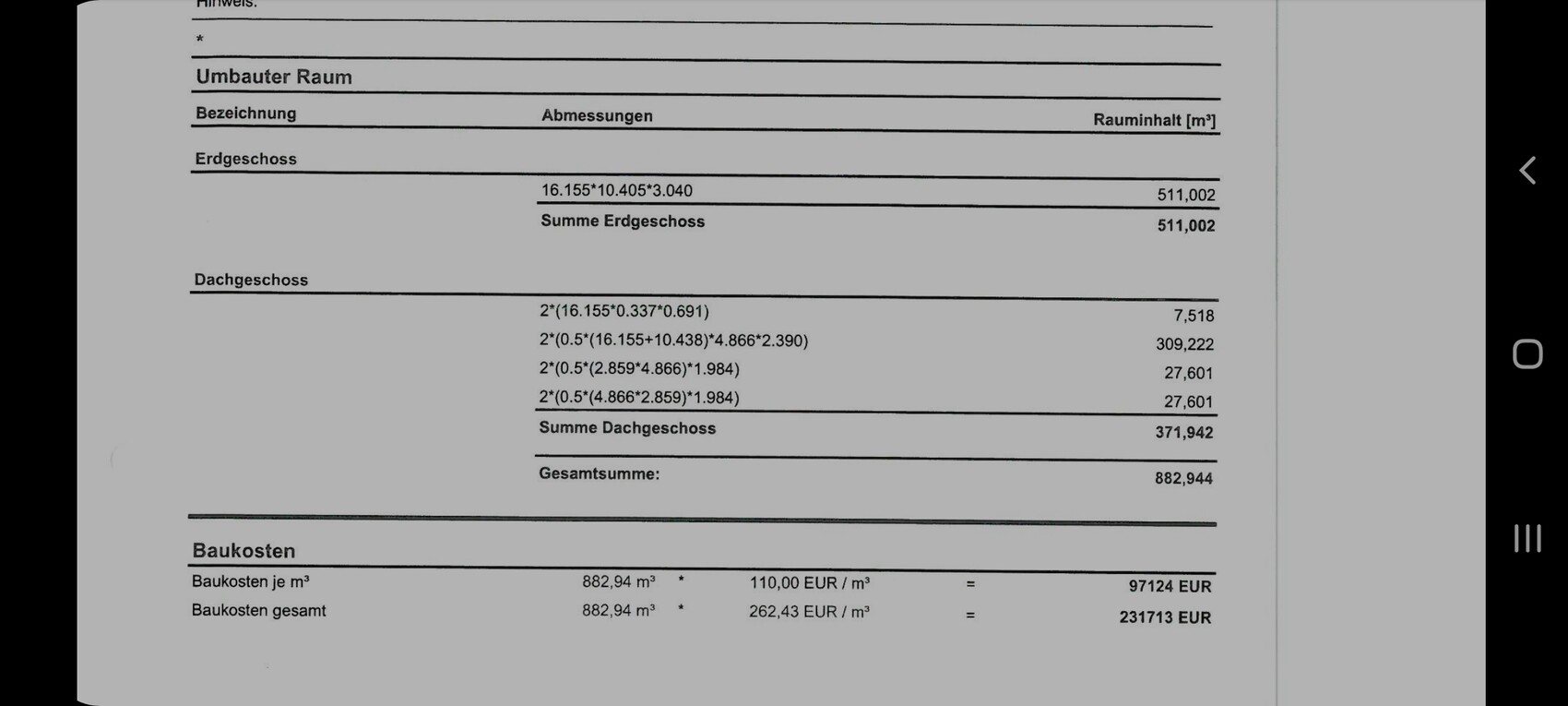Dokument mit Tabelle: Erdgeschoss und Dachgeschoss, Abmessungen, Rauminhalt und Kosten.