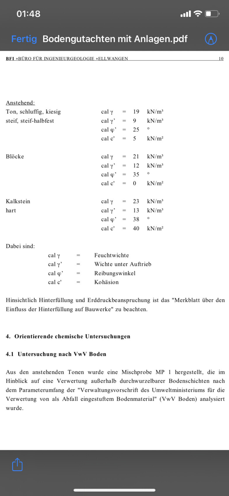 Seiten eines Bodengutachtens: Tabellen zu Ton, Blöcken, Kalkstein und Dichtewerten.