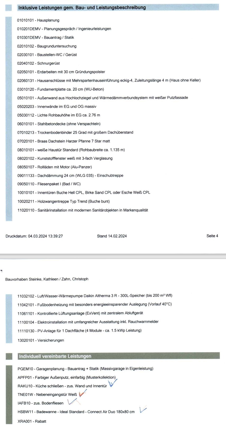 Dokument zu Bau- und Leistungsbeschreibung mit Liste inklusiver und individueller Bauleistungen.