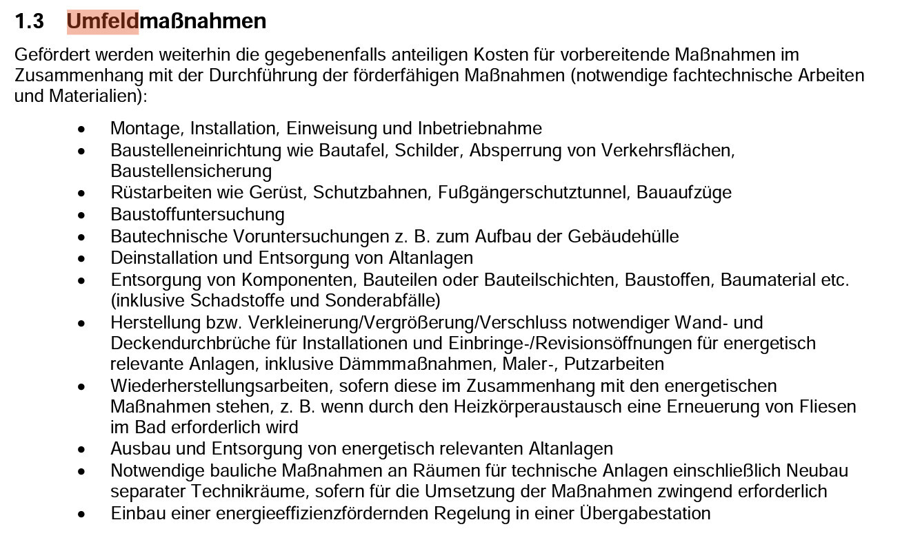 Folie 1.3: Umfeldmaßnahmen, Aufzählung von Bau- und Installationsarbeiten.