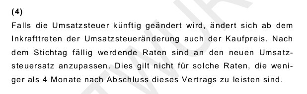 Umsatzsteuer ändert Preis; Raten ab Inkraft anpassen; Ausnahmen weniger als 4 Monate nach Vertrag.