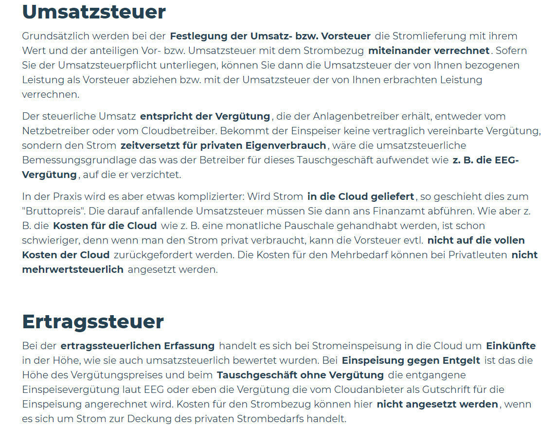 Screenshot eines Textdokuments mit Abschnitten Umsatzsteuer und Ertragssteuer.