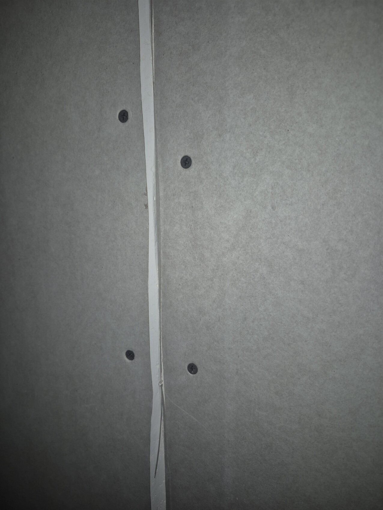 Unfertige Innenwand mit Gipskartonplatten und Schrauben sichtbar.