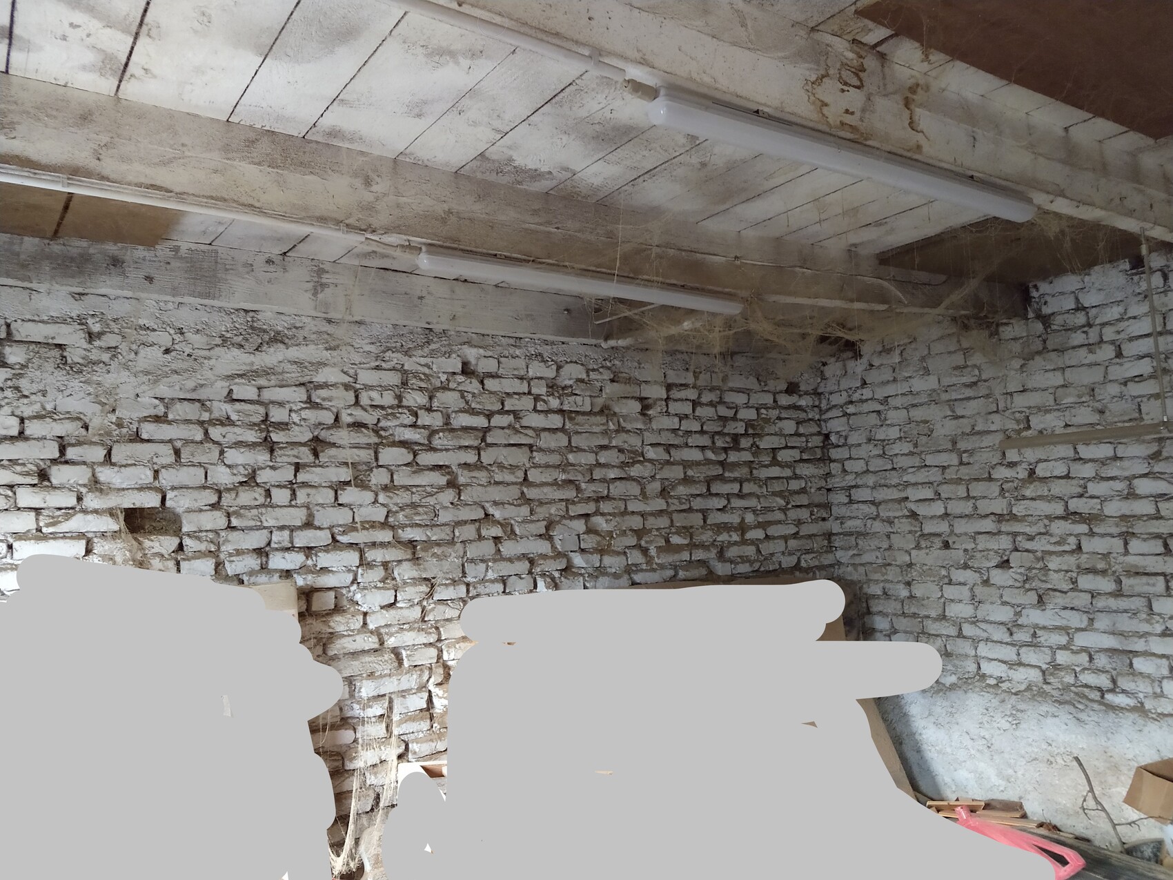 Innenraum eines staubigen Kellers mit Steinwänden, Holzbalkendecke, Leuchtstofflampen und Spinnweben.