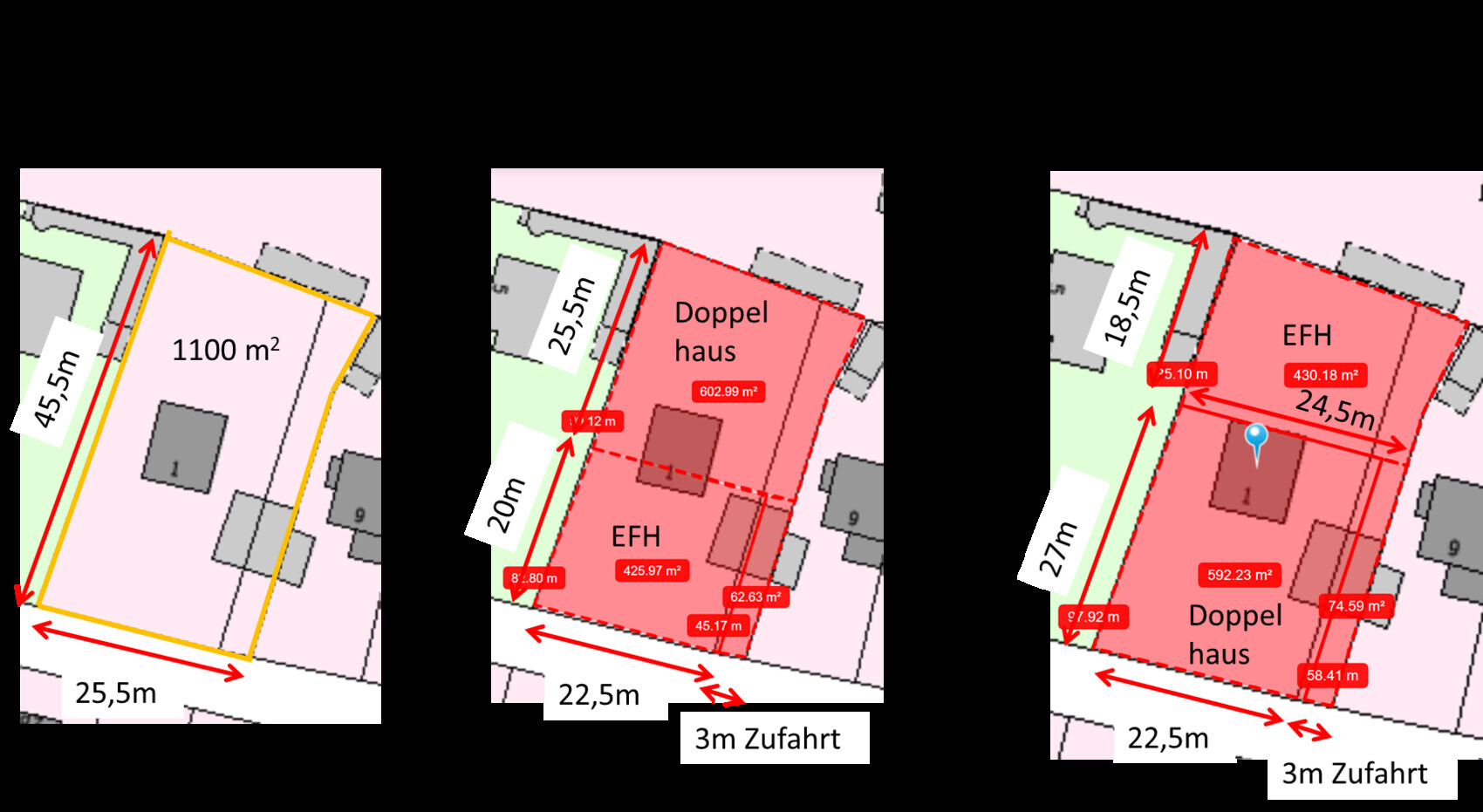 Drei Grundrissvarianten: links ungeteiltes 1100 m², Mitte Doppelhaus und EFH, Rechts EFH und Doppelhaus