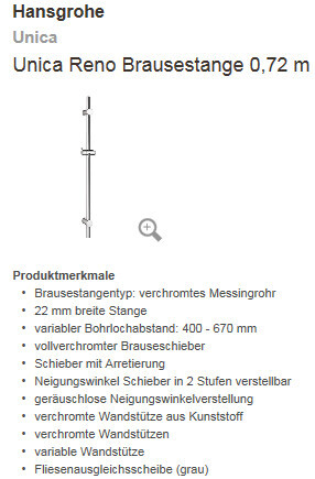 Verchromte Brausestange aus Messingrohr, Unica Reno 0,72 m