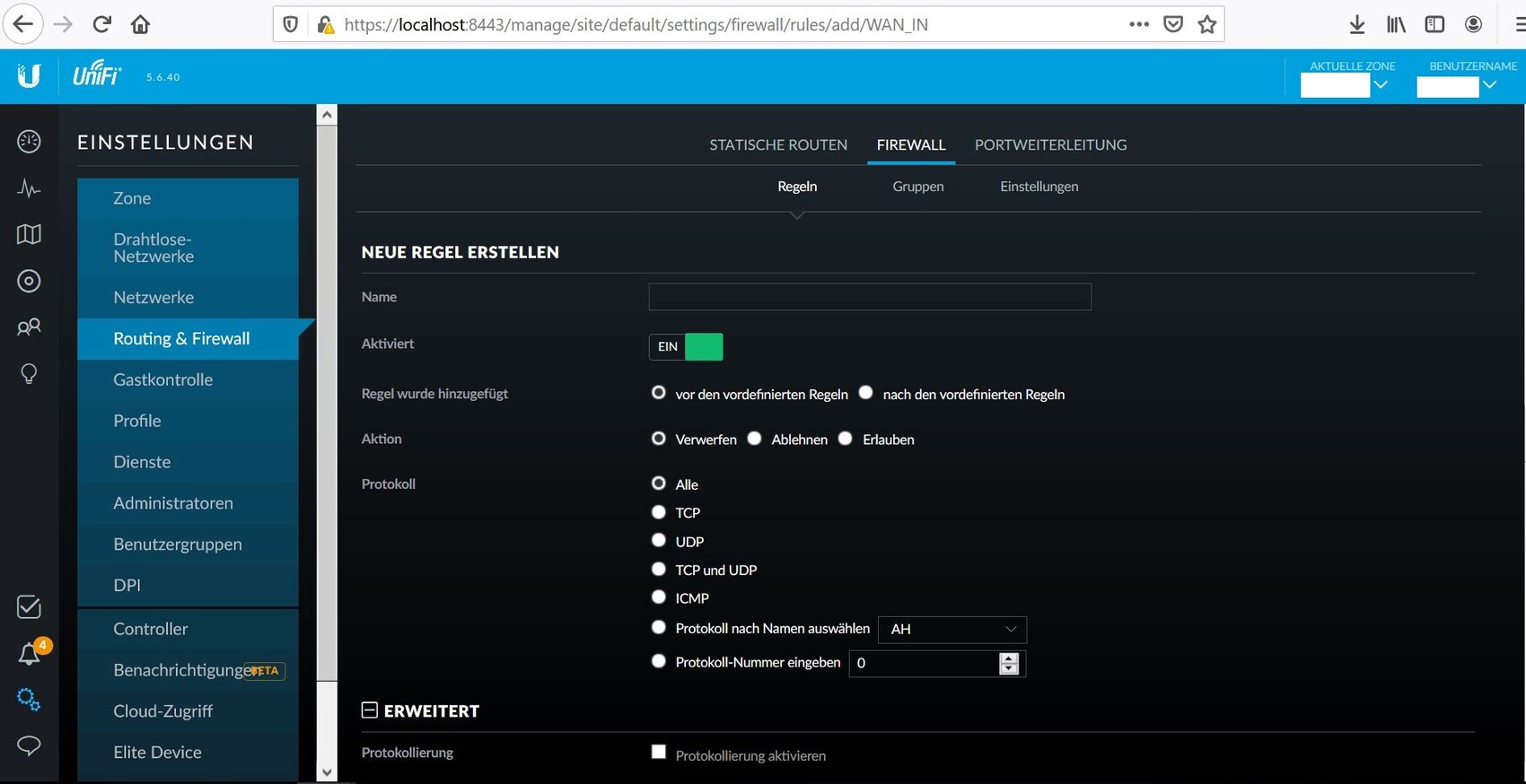 UniFi Firewall-Einstellungen Bildschirm mit neuer Regel, linkes Routing & Firewall Menü