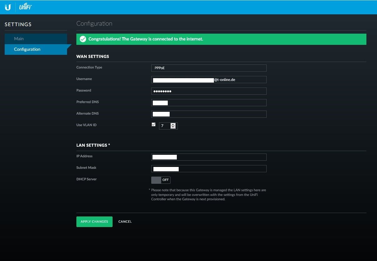 UniFi-Gateway-Konfigurationsseite mit WAN- und LAN-Einstellungen