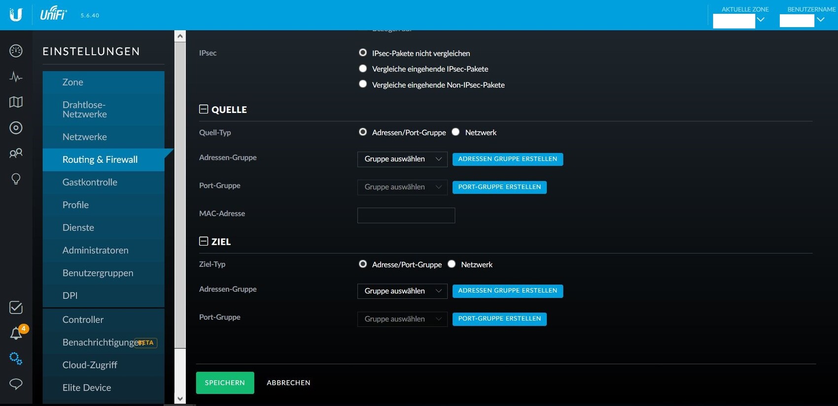 Screenshot einer UniFi Netzwerkverwaltung mit Einstellungen und Routing & Firewall-Menü