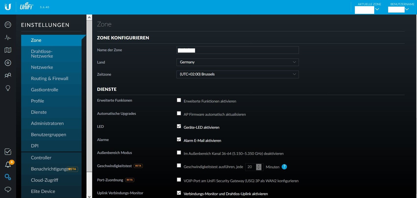 Screenshot der UniFi Netzwerkzone Einstellungen mit Seitenleiste links