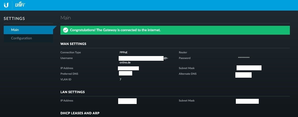 Screenshot der UniFi Gateway Einstellungen mit WAN- und LAN-Konfiguration.