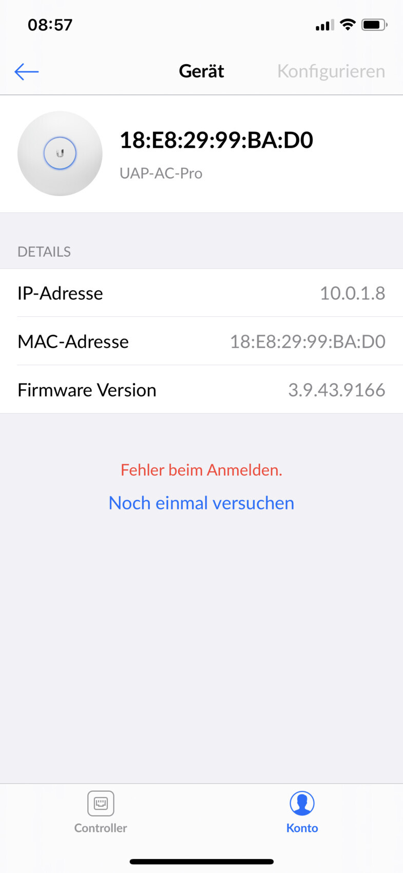 Geräte-Details: MAC 18:E8:29:99:BA:D0, IP 10.0.1.8, Firmware 3.9.43.9166; Fehler beim Anmelden