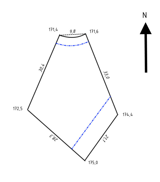 Unregelmäßiges Fünfeck mit Seitenlängenangaben, Nordpfeil rechts, blaue gestrichelte Linien.