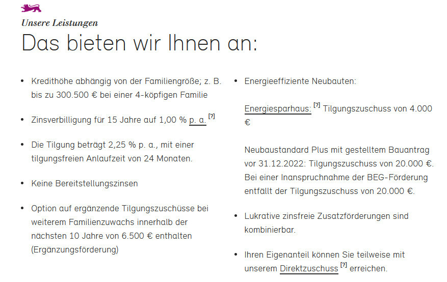 Webseite Unsere Leistungen: Aufzählung von Kreditkonditionen und Förderungen