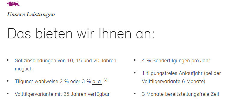 Kleines lila Känguru-Logo, Überschrift Unsere Leistungen; Aufzählung der Kreditoptionen.