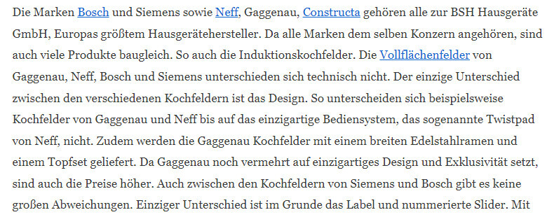 Textabschnitt zu BSH-Marken Bosch, Siemens, Neff, Gaggenau, Constructa und Induktionskochfeldern.