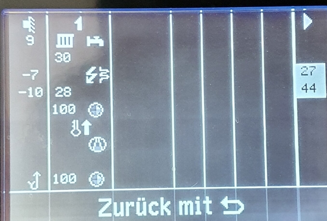 Foto eines digitalen Panels mit weissen vertikalen Linien, Zahlenfeldern links und rechts, Zurueck unten.
