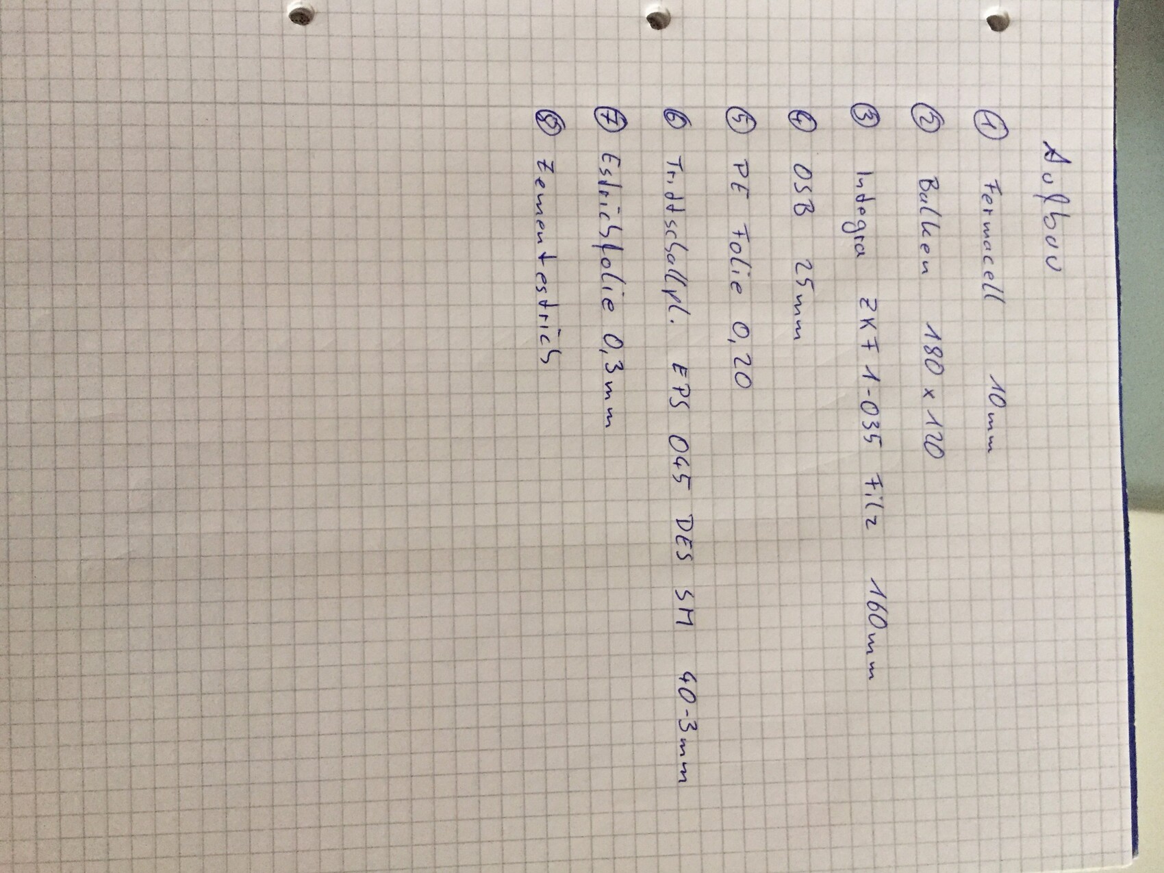 Handschriftliche Aufgabenliste mit Messwerten in Millimetern auf kariertem Notizblock.