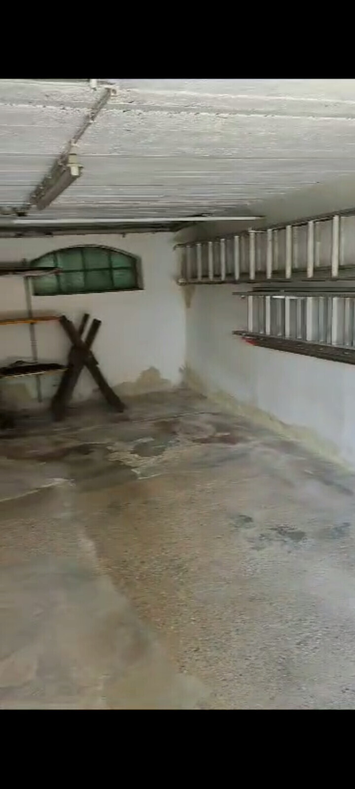 Kellerwerkstatt mit an der Wand hängenden Leitern, Holzwerkzeugen und feuchtem Boden.