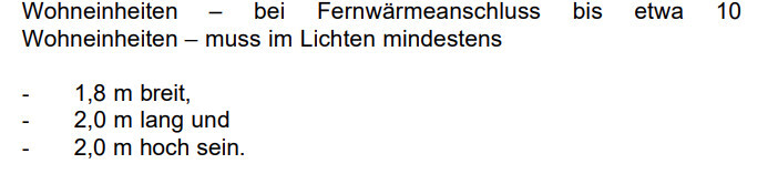 Fernwärmeanschluss: bis ca. 10 Wohneinheiten; Maße 1,8 m × 2,0 m × 2,0 m.