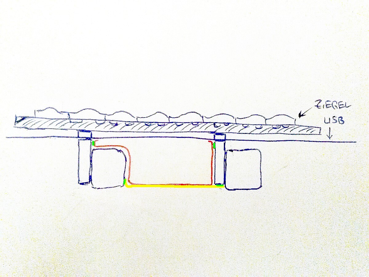 Skizze einer Bodenheizung mit Rohrverlegung unter dem Boden und Estrich